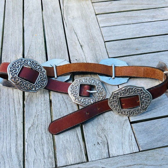 Vtg 90's Brighton Oval Sunflower Concho Belt S Brown Leather Floral Boho Cowgirl - Picture 2 of 15